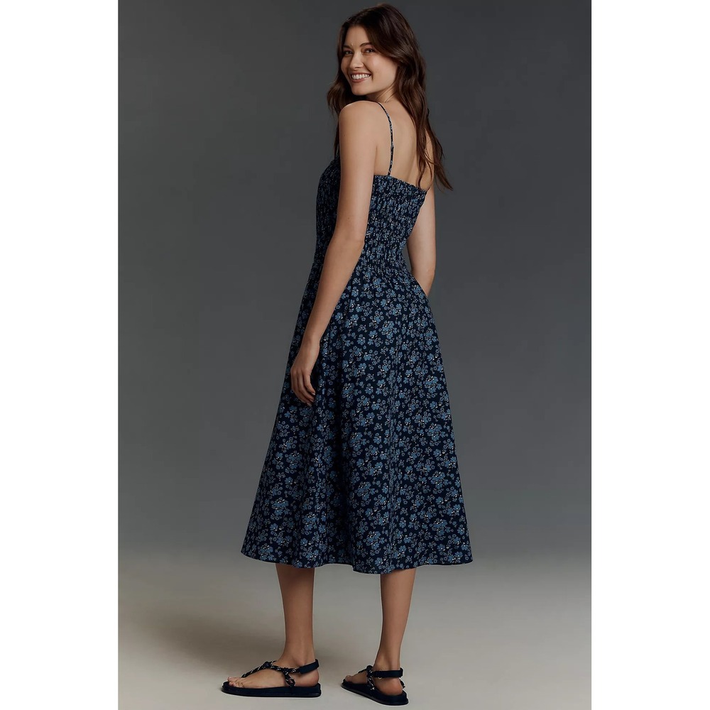English Factory Sleeveless Square-Neck Cotton Midi Dress Smocked Navy Floral L - Picture 2 of 11